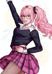 1girl absurdres aespa arm_up artist_name black_roots black_shirt collared_shirt commentary giselle_(aespa) glasses hand_on_own_hip highres k-pop microphone mochiwasabii pink_hair pink_lips real_life shirt side_ponytail sidelocks simple_background skirt smile solo white_background