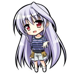 Rule 34 | 1girl, blush, casual, chibi, endori, full body, long hair, lyrical nanoha, mahou shoujo lyrical nanoha, mahou shoujo lyrical nanoha a&#039;s, mahou shoujo lyrical nanoha innocent, open mouth, outstretched hand, red eyes, reinforce, short sleeves, shorts, silver hair, single hair intake, solo, striped, transparent background
