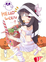 Rule 34 | 1girl, absurdres, bandage over one eye, bandages, black hair, blush, breasts, candle, commentary request, food in mouth, hair between eyes, hair ornament, highres, holding, jack-o&#039;-lantern, kantai collection, kisaragi (kancolle), long hair, looking at viewer, looking back, medium breasts, mouth hold, naked bandage, nekoyanagi (azelsynn), notice lines, party popper, red eyes, solo, very long hair, white background