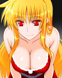 Rule 34 | 1girl, bare shoulders, black background, blonde hair, breasts, christmas, cleavage, closed mouth, commentary, dress, engo (aquawatery), fate testarossa, fur-trimmed dress, fur trim, highres, large breasts, leaning forward, long hair, looking at viewer, lyrical nanoha, red eyes, santa dress, sidelocks, smile, solo, strapless, strapless dress, upper body