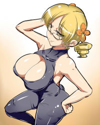 Rule 34 | 1girl, bad id, bad pixiv id, bare shoulders, bayonetta, bayonetta (cosplay), bayonetta (series), bayonetta 1, bespectacled, blonde hair, breasts, brown eyes, brown hair, cleavage, cleavage cutout, clothing cutout, cosplay, drill hair, futaba suetsuki, glasses, huge breasts, leotard, mahou shoujo madoka magica, mahou shoujo madoka magica (anime), naughty face, shirt, short hair, skin tight, smile, solo, taut clothes, taut shirt, tight clothes, tomoe mami, twintails, unitard