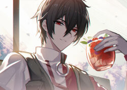 Rule 34 | 1boy, absurdres, ayn alwyn, black hair, black vest, blueberry, cup, drink, drinking glass, food, lovebrush chronicles, fruit, gloves, hair between eyes, highres, holding, holding cup, ice, ice cube, kazenemuri, looking at viewer, male focus, o-ring, parted lips, red eyes, red shirt, shirt, short hair, short sleeves, smile, solo, standing, strawberry, t-shirt, turtleneck, two-tone shirt, upper body, vest, white gloves, window