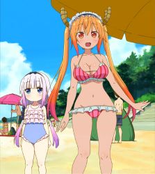 Rule 34 | 10s, 2girls, age difference, artist request, beach, bikini, black bow, blonde hair, blue eyes, blue one-piece swimsuit, blue sky, blush, bow, breasts, casual one-piece swimsuit, cleavage, closed mouth, cloud, collarbone, dot mouth, fang, flat chest, frilled bikini, frilled one-piece swimsuit, frilled swimsuit, frills, gradient hair, hair bow, hair ornament, highres, horns, kanna kamui, kobayashi-san chi no maidragon, large breasts, long hair, looking at viewer, midriff, multicolored bikini, multicolored clothes, multicolored hair, multicolored one-piece swimsuit, multicolored swimsuit, multiple girls, navel, one-piece swimsuit, open mouth, orange eyes, orange hair, outdoors, pink bikini, pink hair, purple hair, sky, smile, source request, standing, striped bikini, striped clothes, swimsuit, tohru (maidragon), twintails, umbrella, vertical-striped bikini, vertical-striped clothes