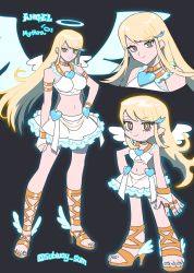 Rule 34 | 1girl, angel wings, blonde hair, crop top, gold, high heels, highres, long hair, miniskirt, mythra (xenoblade), nail polish, panty &amp; stocking with garterbelt, parody, sandals, skirt, smile, standing, style parody, subway sum, swept bangs, very long hair, white skirt, wings, xenoblade chronicles (series), xenoblade chronicles 2, yellow eyes