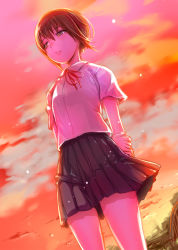 Rule 34 | 1girl, brown hair, commentary request, hand on own arm, highres, mikazuki akira!, parted lips, pleated skirt, sagrada reset, school uniform, short hair, short sleeves, skirt, sky, solo, souma sumire