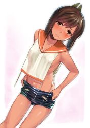 Rule 34 | 1girl, blue one-piece swimsuit, blush, brown eyes, brown hair, clothes pull, cowboy shot, dutch angle, hair ornament, hairclip, i-401 (kancolle), kantai collection, leaning forward, one-piece swimsuit, one-piece swimsuit pull, one-piece tan, orange sailor collar, ponytail, sailor collar, sailor shirt, school swimsuit, shiden (sashimi no wife), shirt, short hair, short ponytail, simple background, solo, sweat, swimsuit, swimsuit under clothes, tan, tanline, undressing, untied, white background
