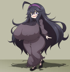 Rule 34 | 1girl, @ @, a-pose, absurdres, ahoge, black dress, black footwear, black hair, breasts, covered erect nipples, creatures (company), dot nose, dress, female focus, full body, game freak, gigantic breasts, hair between eyes, hex maniac (pokemon), highres, huge breasts, nintendo, open mouth, pale skin, pokemon, pokemon xy, puffy sleeves, purple eyes, regls, shaded face, shadow, shortstack, smile, solo, standing, taut clothes, taut dress, thick thighs, thighs, wide hips