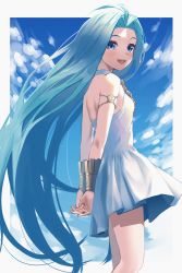 Rule 34 | 1girl, absurdres, ahoge, arms behind back, blue eyes, blue hair, blue sky, blush, cloud, dress, granblue fantasy, grey background, hassy (97197257), highres, long hair, looking at viewer, lyria (granblue fantasy), open mouth, sky, sleeveless, sleeveless dress, solo, white dress