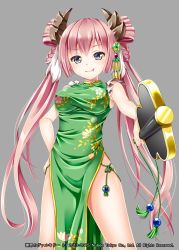 Rule 34 | 1girl, blue eyes, breasts, chinese clothes, dress, floral print, flower, green dress, hair ornament, hakuda tofu, hand fan, hand on own hip, highres, holding, holding fan, horns, large breasts, official art, pink hair, shinkai no valkyrie, spread legs