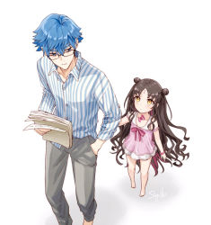 Rule 34 | 1boy, 1girl, aged down, aged up, artist name, barefoot, black hair, blue hair, casual one-piece swimsuit, eyewear strap, fate/grand order, fate (series), hand in pocket, hans christian andersen (adult) (fate), hans christian andersen (fate), one-piece swimsuit, sessyoin kiara, sessyoin kiara (lily), sessyoin kiara (swimsuit mooncancer), shirt, signature, simple background, siya ho, striped clothes, striped shirt, swimsuit, vertical-striped clothes, vertical-striped shirt, white background, yellow eyes