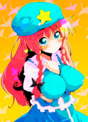 Rule 34 | 1girl, aqua eyes, between breasts, blush, braid, breasts, female focus, hat, heart, highres, hong meiling, impossible clothes, impossible shirt, large breasts, long hair, red hair, shirt, solo, star (symbol), sw (taco), touhou, twin braids