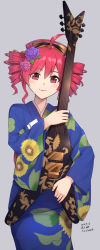 Rule 34 | 1girl, ahoge, blue kimono, blush, commentary, cowboy shot, dated, drill hair, electric guitar, floral print, flower, gibson flying v, grey background, guitar, hair flower, hair ornament, highres, holding, holding instrument, hydrangea, instrument, japanese clothes, kasane teto, kimono, lipstick, looking at viewer, makeup, red eyes, red hair, sarasa (kanbi), signature, smile, solo, standing, sunflower, sunflower print, twin drills, utau