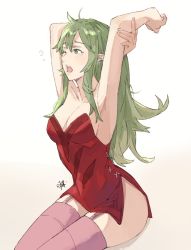 Rule 34 | 1girl, bare arms, bare shoulders, breasts, cleavage, cowboy shot, dress, fire emblem, fire emblem awakening, green eyes, green hair, invisible chair, long hair, medium breasts, nintendo, one eye closed, open mouth, pink thighhighs, pointy ears, ponytail, sakuremi, sitting, solo, thighhighs, tiki (adult) (fire emblem), tiki (fire emblem), yawning