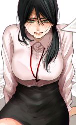 Rule 34 | 1girl, arm support, bad id, bad twitter id, black hair, black skirt, collared shirt, commentary request, desk, dress shirt, green eyes, hair between eyes, hair over shoulder, highres, hoshi san 3, lanyard, long hair, miniskirt, mole, mole under eye, mole under mouth, office lady, original, paper, pink lips, shirt, shirt tucked in, sitting, skirt, sweat, white background, white shirt