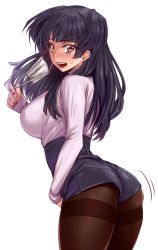 Rule 34 | 1girl, arched back, ass, black hair, black shorts, blunt bangs, blush, breasts, brown eyes, brown pantyhose, commentary request, cowboy shot, from side, hand up, high-waist shorts, idolmaster, idolmaster shiny colors, large breasts, long hair, long sleeves, looking away, looking to the side, mask, mask around one ear, mask pull, mayuzumi fuyuko, mouth mask, namidame, notice lines, open mouth, pantyhose, pink shirt, pulled by self, shirt, shirt tucked in, short shorts, shorts, solo, standing, surgical mask, sweatdrop, teeth, thighband pantyhose, transparent background, two side up