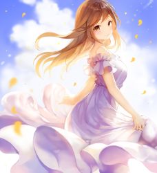 Rule 34 | 1girl, bare shoulders, blue sky, blush, brown hair, closed mouth, cloud, cloudy sky, commentary request, dress, highres, light rays, long hair, looking at viewer, looking to the side, original, purple dress, short sleeves, sibyl, sky, smile, solo, standing
