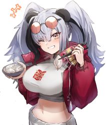 Rule 34 | 1girl, animal ears, arknights, bowl, breasts, chopsticks, crop top, cropped jacket, eyewear on head, feater (arknights), feater (gourmet) (arknights), grey hair, grin, highres, horn/wood, large breasts, midriff, official alternate costume, one eye closed, panda ears, smile, sunglasses, twintails, white background