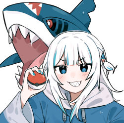 Rule 34 | 1girl, absurdres, blue eyes, blue hair, blue hoodie, blue nails, blush, creatures (company), emne, game freak, gawr gura, gawr gura (1st costume), gen 3 pokemon, grin, hair ornament, highres, holding, holding poke ball, hololive, hololive english, hood, hoodie, long sleeves, multicolored hair, nail polish, nintendo, poke ball, pokemon, pokemon (creature), shark girl, shark hair ornament, sharp teeth, sharpedo, simple background, smile, streaked hair, teeth, two side up, upper body, virtual youtuber, white background, white hair