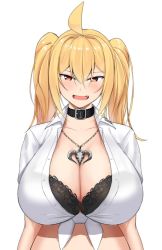 Rule 34 | 1girl, ahoge, black bra, blonde hair, blush, bra, breasts, cleavage, collar, front-tie top, highres, huge breasts, jewelry, kirome (kamipaper), lace, lace-trimmed bra, lace trim, long hair, looking at viewer, necklace, open mouth, orange eyes, original, saaya (kirome), shirt, twintails, underwear, upper body, virtual youtuber, white shirt