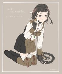 Rule 34 | 1girl, black footwear, black gloves, black hair, boots, braid, breast pocket, brown hair, brown thighhighs, closed mouth, commentary request, fingerless gloves, gloves, hair ribbon, highres, kantai collection, kokko (014kko), long braid, long hair, long sleeves, looking at viewer, multicolored hair, omamori, pocket, pouch, ribbon, simple background, single braid, sitting, solo, thighhighs, translation request, twitter username, very long hair, yamashio maru (kancolle)