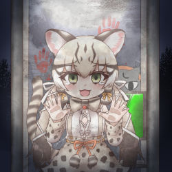 Rule 34 | 2girls, animal costume, animal ear fluff, animal ears, bow, bowtie, cat ears, cat girl, cat tail, extra ears, geoffroy&#039;s cat (kemono friends), green eyes, grey hair, highres, island fox (kemono friends), kemono friends, kemono friends v project, long hair, looking at viewer, mabuta (mbt), microphone, multicolored hair, multiple girls, open mouth, ribbon, shirt, skirt, tail, tears, twintails, virtual youtuber