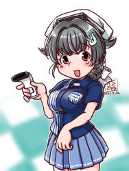 Rule 34 | 1girl, alternate costume, artist name, barcode scanner, black hair, blue skirt, braid, breasts, commentary request, cowboy shot, dated, employee uniform, hair flaps, jingei (kancolle), kantai collection, kutone shirika, large breasts, lawson, long hair, looking at viewer, pleated skirt, red eyes, shirt, single braid, skirt, smile, solo, standing, striped clothes, striped shirt, uniform