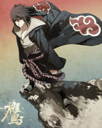 Rule 34 | 1boy, akatsuki uniform, black hair, cape, male focus, naruto, naruto (series), noro (king), rainbow background, rope, short hair, solo, standing, uchiha sasuke