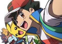 Rule 34 | :d, ash ketchum, black hair, blouse, blue jacket, blurry, brown eyes, commentary request, creatures (company), dated, dracovish, dragonite, game freak, gen 1 pokemon, gen 4 pokemon, gen 8 pokemon, gengar, hat, highres, jacket, lucario, nintendo, open mouth, pikachu, pokemon, pokemon (anime), pokemon journeys, red headwear, shirt, short hair, short sleeves, signature, sirfetch&#039;d, sleeveless, sleeveless jacket, smile, teeth, tongue, ueda hanako, upper teeth only, white shirt