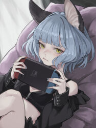Rule 34 | 1girl, animal ears, black jacket, black sports bra, blush, breasts, cat ears, closed mouth, commentary request, furrowed brow, grey hair, half-closed eyes, handheld game console, highres, histoire-ange, holding, holding handheld game console, jacket, jacket partially removed, knee up, light frown, long sleeves, looking at viewer, nina (valis), nintendo switch, on pillow, open clothes, open jacket, reclining, short hair, sinsekai studio, slit pupils, small breasts, snot, solo, sports bra, upper body, valis (sinsekai), virtual youtuber, wavy hair, yellow eyes