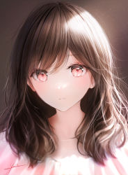 Rule 34 | 1girl, blurry, blurry background, blush, brown background, brown hair, hair between eyes, highres, light, light particles, looking at viewer, medium hair, ojay tkym, original, parted lips, pink eyes, pink shirt, portrait, revision, shirt, sidelocks, signature, solo
