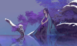 Rule 34 | 1girl, black hair, blue shawl, blue sky, circlet, closed mouth, flower, full body, hugging own legs, ibuki satsuki, lake, light particles, long hair, looking ahead, original, outdoors, pants, plant roots, purple eyes, purple pants, red lips, reflection, reflective water, see-through shawl, shawl, shirt, sidelocks, sitting, sky, smile, solo, straight hair, sunset, very long hair, white shirt, wisteria