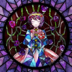 Rule 34 | 1girl, buttons, eyeball, closed eyes, flower, glass, hair ornament, hairband, heart, heart hair ornament, highres, komeiji satori, mis-aesthetics, multicolored hair, no nose, parted lips, pink hair, pink skirt, purple flower, purple hair, purple rose, red eyes, rose, short hair, skirt, solo, stained glass, third eye, thorns, touhou, twitter username