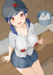Rule 34 | 1girl, :d, absurdres, baseball cap, bench, black hat, blue hair, blue skirt, breasts, buttons, collarbone, collared shirt, commentary request, from above, hat, highres, large breasts, looking at viewer, open mouth, original, pomerachi, red eyes, shirt, short sleeves, sitting, skirt, smile, solo, teeth, tongue, upper teeth only, white shirt, wooden bench
