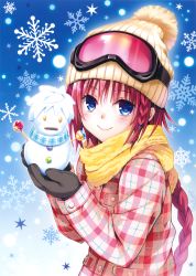 Rule 34 | 1girl, absurdres, beanie, black gloves, blue background, blue eyes, blush, braid, braided ponytail, candy, closed mouth, food, gloves, goggles, goggles on head, hat, highres, holding, jacket, kurosaki mea, lips, lollipop, long hair, long sleeves, looking at viewer, plaid, plaid jacket, pocket, red hair, red jacket, scarf, short hair with long locks, side braid, simple background, single braid, smile, snowflakes, snowman, solo, sweets, to love-ru, upper body, yabuki kentarou, yellow hat, yellow scarf