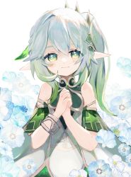 Rule 34 | 1girl, bare shoulders, blue flower, blush, bracelet, commentary request, detached sleeves, dress, flower, flower-shaped pupils, genshin impact, green eyes, green hair, green sleeves, half-closed eyes, highres, jewelry, nahida (genshin impact), long hair, looking at viewer, multicolored hair, nahida (genshin impact), new gnsn, own hands together, short sleeves, side ponytail, smile, solo, streaked hair, symbol-shaped pupils, upper body, white dress, white hair