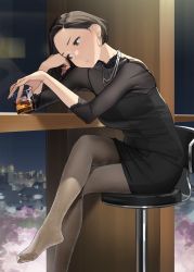 Rule 34 | 1girl, alcohol, black dress, breasts, brown eyes, cherry blossoms, commentary request, dress, forehead, ganbare douki-chan, glass, glitter, highres, jewelry, large breasts, looking at another, necklace, night, pantyhose, parted lips, pearl necklace, see-through, see-through dress, senpai-san (douki-chan), sitting, solo, stool, yomu (sgt epper)