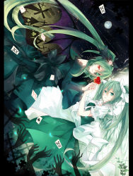 Rule 34 | 2girls, card, dress, dual persona, floating card, green eyes, green hair, hatsune miku, hitobashira alice (vocaloid), long hair, multiple girls, neyti, red eyes, twintails, very long hair, vocaloid