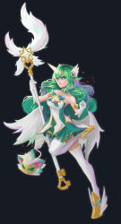 Rule 34 | 1girl, absurdres, alternate costume, alternate eye color, alternate hair color, animal ears, armlet, bad id, bad pixiv id, bare shoulders, black background, breasts, choker, curly hair, elbow gloves, gloves, green eyes, green hair, hair ornament, highres, horns, league of legends, long hair, looking at viewer, magical girl, medium breasts, pointy ears, shisa (league of legends), simple background, single horn, skirt, solo, soraka (league of legends), staff, standing, standing on one leg, star guardian (league of legends), star guardian soraka, thighhighs, very long hair, white gloves, white thighhighs, white wings, wings, yuudokou shounen