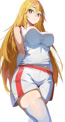Rule 34 | 1girl, absurdres, arms behind back, bare shoulders, blonde hair, breasts, brown eyes, closed mouth, elbow gloves, feet out of frame, female focus, from below, gloves, gym shirt, gym shorts, gym uniform, hair between eyes, highres, large breasts, long hair, looking at viewer, midriff peek, shirt, shokuhou misaki, short shorts, shorts, sleeveless, sleeveless shirt, smile, solo, soranoki, sparkling eyes, standing, thighhighs, thighs, toaru kagaku no mental out, toaru kagaku no railgun, toaru majutsu no index, toaru majutsu no index gaiden: toaru kagaku no mental out, very long hair, white background, white gloves, white shirt, white shorts, white thighhighs