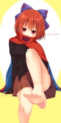 Rule 34 | 1girl, bare legs, barefoot, black shirt, blouse, blue bow, bow, cape, covered mouth, eyes visible through hair, feet, foot focus, hair bow, head tilt, high collar, highres, knee up, looking at viewer, miniskirt, nnyara, pleated skirt, red eyes, red hair, red skirt, sekibanki, shirt, sitting, skirt, solo, thighs, toes, touhou, twitter username, white background, yellow background