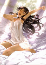 Rule 34 | 1girl, ;o, absurdres, arm up, armpits, bare legs, barefoot, bed sheet, breasts, brown hair, chemise, cleavage, fate/stay night, fate (series), floating hair, full body, green eyes, highres, light rays, long hair, medium breasts, mikazuki akira!, nightgown, on bed, one eye closed, open mouth, scan, see-through silhouette, sitting, solo, stretching, sunlight, tohsaka rin, wariza, yawning