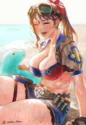Rule 34 | 1girl, beach, bikini, bikini top only, blue shorts, blush, breasts, brown gloves, brown hair, cleavage, closed eyes, collarbone, cosplay, dinosaur, fate/grand order, fate (series), fingerless gloves, forehead, gloves, goggles, hair ribbon, jewelry, large breasts, leonardo da vinci (fate), leonardo da vinci (fate/grand order), leonardo da vinci (rider) (fate), leonardo da vinci (swimsuit ruler) (fate), leonardo da vinci (swimsuit ruler) (fate) (cosplay), long hair, navel, necklace, open mouth, parted bangs, ponytail, puffy short sleeves, puffy sleeves, red bikini, red ribbon, ribbon, shore, short shorts, short sleeves, shorts, shrug (clothing), sidelocks, sitting, smile, stegosaurus, swimsuit, thighs, tonko from, wet