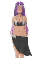 Rule 34 | 1girl, absurdres, arms behind back, bad id, bad pixiv id, bikini, black bikini, black sarong, blush, breasts, brown eyes, cleavage, collarbone, commentary request, dark-skinned female, dark skin, dragon quest, dragon quest iv, headgear, highres, long hair, looking at viewer, medium breasts, mil k vanilla, minea (dq4), navel, purple hair, sarong, solo, swimsuit, very long hair, white background