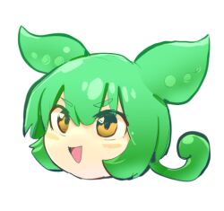 Rule 34 | 1girl, :d, blush, commentary, full body, green hair, hair between eyes, hakonnbo, long bangs, lowres, open mouth, pea pod, personification, simple background, smile, solo, v-shaped eyebrows, voicevox, white background, yellow eyes, yukkuri shiteitte ne, zundamon