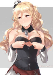 Rule 34 | 1girl, bad id, bad pixiv id, bare shoulders, blonde hair, blush, breasts, brown eyes, character request, cleavage, collarbone, commentary request, curly hair, detached sleeves, grey background, hands up, juurouta, kantai collection, long hair, long sleeves, looking away, medium breasts, paizuri invitation, silver trim, simple background, smile, solo, thick eyebrows, twitter username, upper body, white sleeves, wing collar, zara (kancolle)