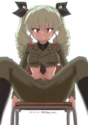 1girl absurdres anchovy_(girls_und_panzer) anzio_military_uniform black_necktie black_ribbon black_shirt boots chair crop_top drill_hair drops_mint girls_und_panzer green_hair green_pants hair_ribbon highres long_hair long_sleeves looking_at_viewer midriff necktie open_mouth open_pants pants red_eyes ribbon shirt sitting smile spread_legs twin_drills