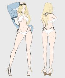 Rule 34 | 1girl, absurdres, alternate costume, arm up, ass, bikini, blonde hair, blue eyes, blue jacket, breasts, contrapposto, criss-cross halter, eyewear on head, full body, grey background, hair over one eye, halterneck, hand on own head, hand on own hip, highleg, highleg bikini, highres, hornet (kancolle), jacket, kantai collection, large breasts, long hair, multiple views, odachu, open clothes, open jacket, sandals, simple background, standing, sunglasses, swimsuit, white bikini, white footwear
