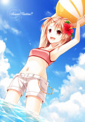 Rule 34 | 1girl, armpits, arms up, bad id, bad pixiv id, ball, bare arms, beachball, brown eyes, brown hair, chisa, cloud, day, dutch angle, flower, hair flower, hair ornament, hibiscus, light rays, midriff, navel, open fly, open mouth, original, outdoors, short hair, shorts, sky, sleeveless, smile, solo, sports bra, summer, sun, sunbeam, sunlight, unzipped, wading, water