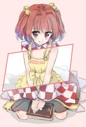Rule 34 | 1girl, apron, bell, blush, book, bow, character name, checkered clothes, checkered kimono, clothes writing, hair bell, hair ornament, japanese clothes, kimono, long sleeves, looking at viewer, motoori kosuzu, naked apron, orange hair, pink background, puuakachan, revision, short hair, simple background, sitting, skirt, smile, solo, touhou, twintails, two side up