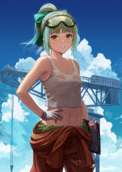 Rule 34 | 2girls, bare arms, bare shoulders, blunt bangs, breasts, brown eyes, clipboard, clothes around waist, cloud, commentary request, day, fairy (kancolle), gloves, goggles, goggles on head, green hair, hair ribbon, hand on own hip, high ponytail, highres, jumpsuit, jumpsuit around waist, kantai collection, long hair, midriff, multiple girls, navel, orange jumpsuit, outdoors, parted lips, ponytail, resolution mismatch, ribbon, sky, small breasts, source smaller, sweat, tank top, tantaka, wet, wet clothes, white tank top, yellow eyes, yuubari (kancolle)